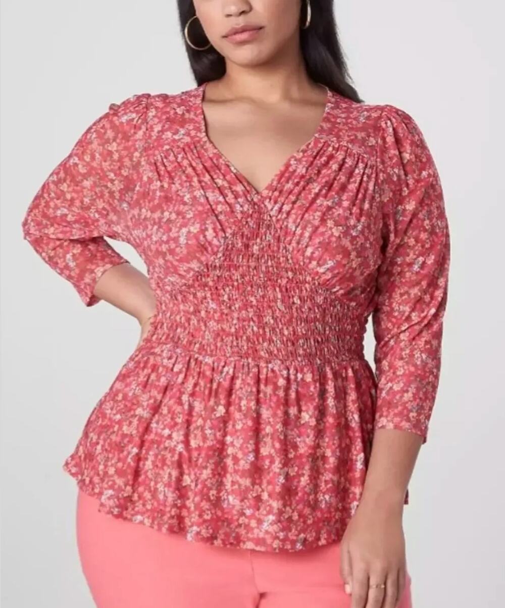Lane Bryant Floral Peplum Top Plus Size 22/24 Pink Red Smocked V Neck